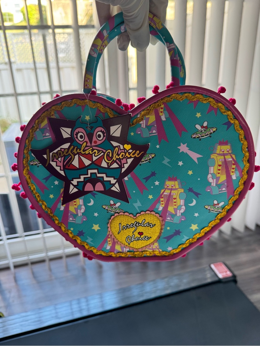 Irregular Choice Teal & Pink Heart-Shaped Robot Print Mini Bag